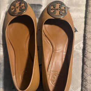 Tory Burch Camel Leather Flats with Gold Logo